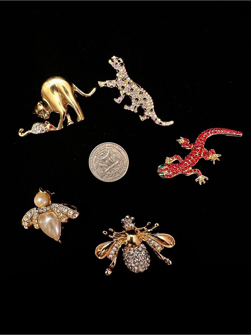 Vintage-Inspired Animal Brooch Lot - Gold, Red, Pearl & Crystal Accents